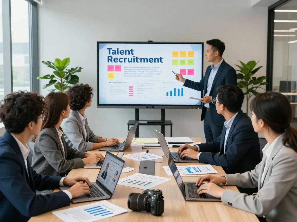 Recruiters collaborating in a modern office reviewing search firms’ candidate profiles, capturing teamwork and professional atmosphere.