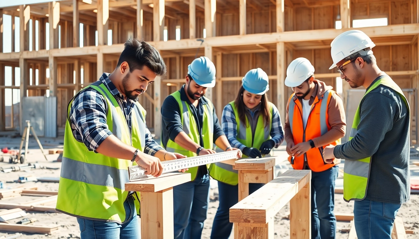 Engaged apprentices in construction apprenticeship training measuring materials on-site.