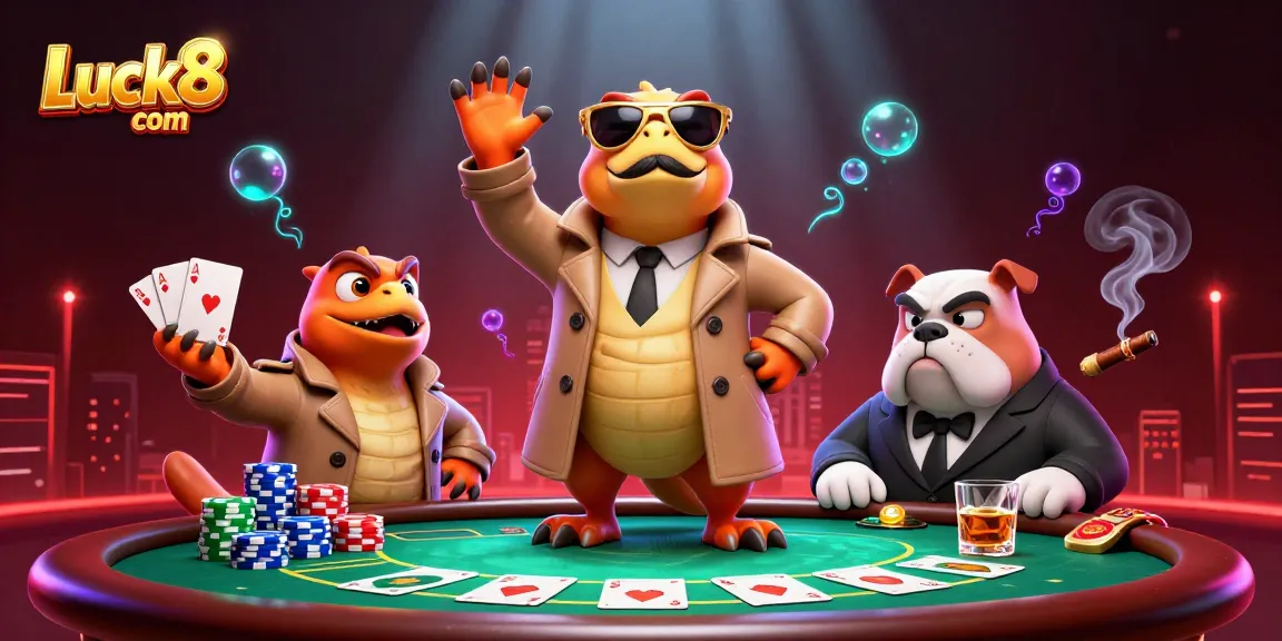 Experience thrilling gameplay at Luck8 com with raptors aiming for VIP casino access, amidst vibrant poker elements.