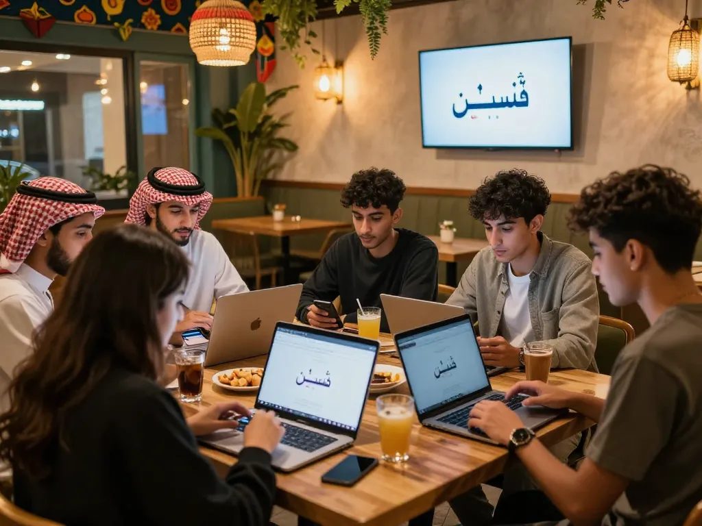 Engaging community chat among youth showcasing شات فلسطين in a warm café environment.