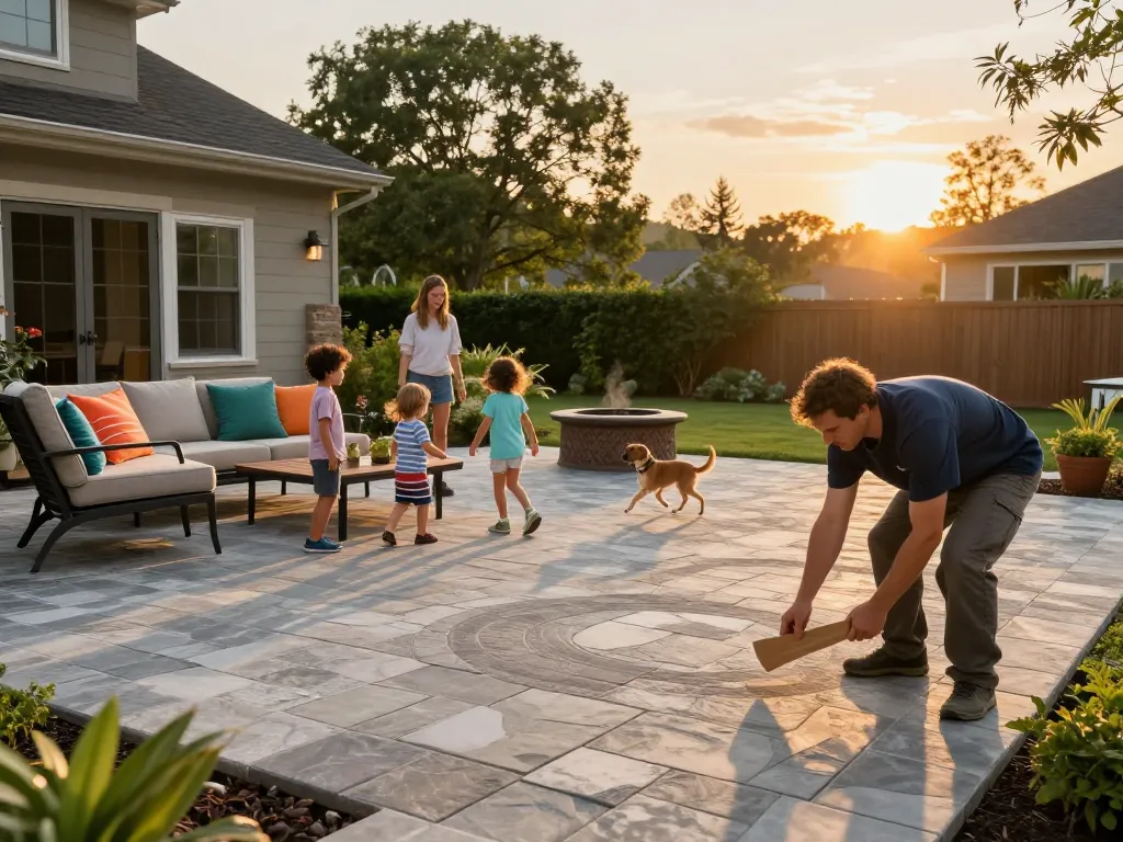 Paver patio near me installation in a suburban backyard with family enjoying outdoor space.