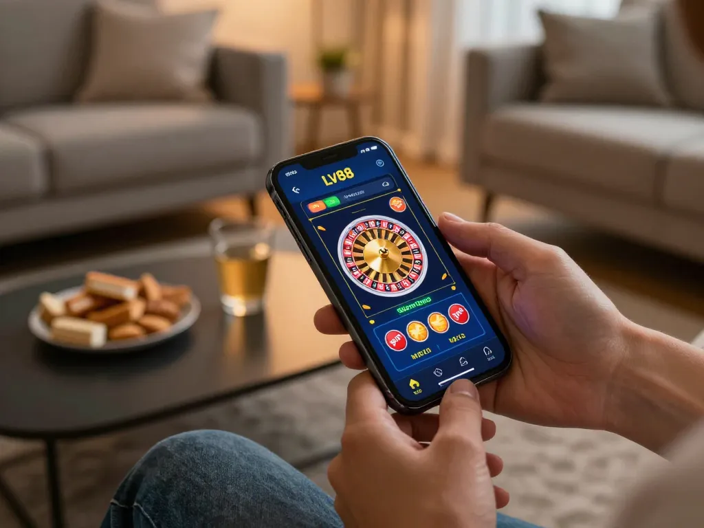 Engaging in mobile gameplay with app lv88 showcasing captivating casino games in a cozy environment