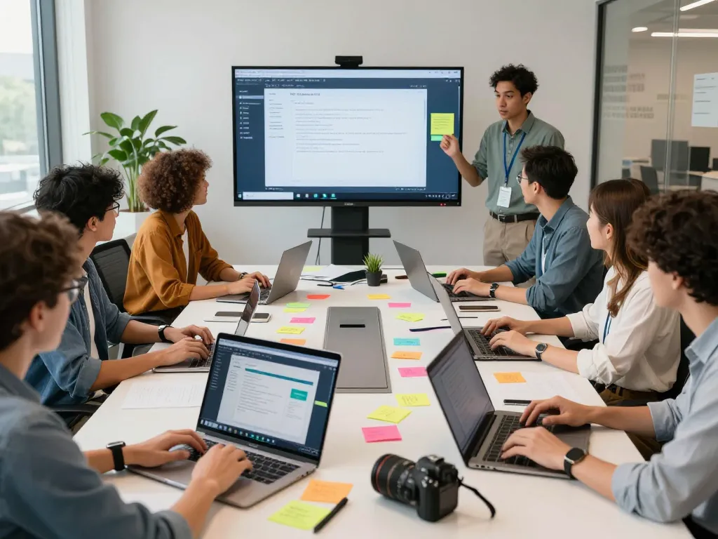 Team collaborating with WPS Office applications on laptops in a modern office environment