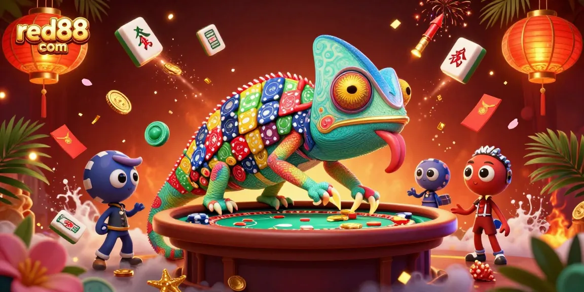Engaging illustration of red88 com featuring a colorful chameleon casino owner and festive gambling elements.
