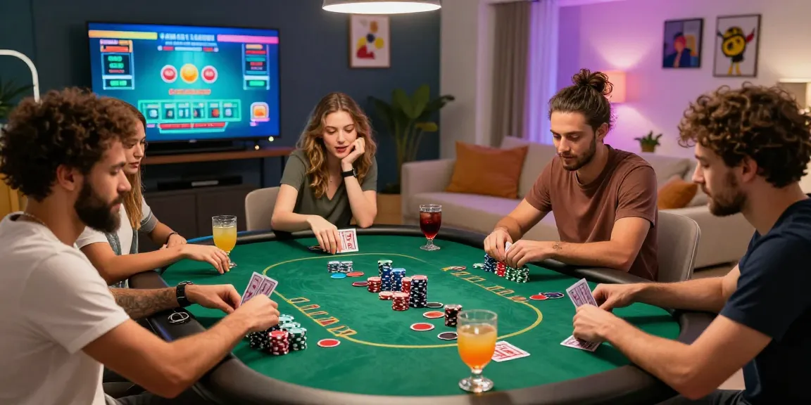 Exciting group playing บาคา with colorful chips and drinks in a lively home setting.