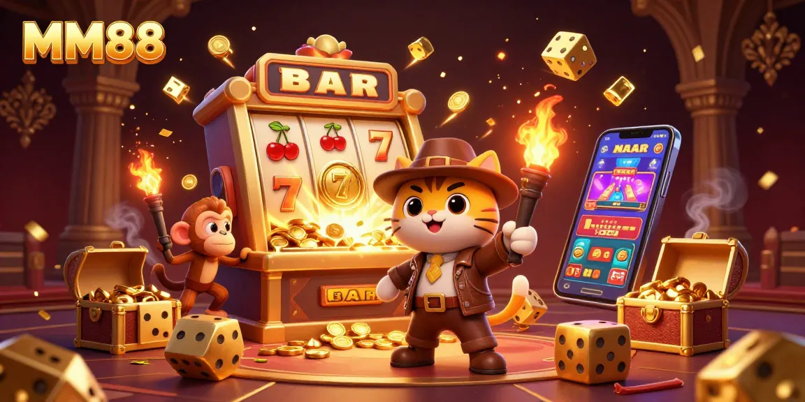 Capture MM88's thrilling casino adventure with an explorer cat finding a golden artifact amidst jackpot excitement.
