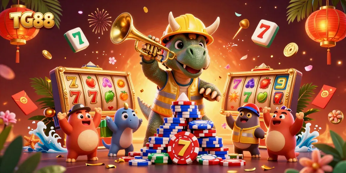 Join the fun at TG88 with a vibrant celebration of casino elements and characters in an exciting digital illustration.