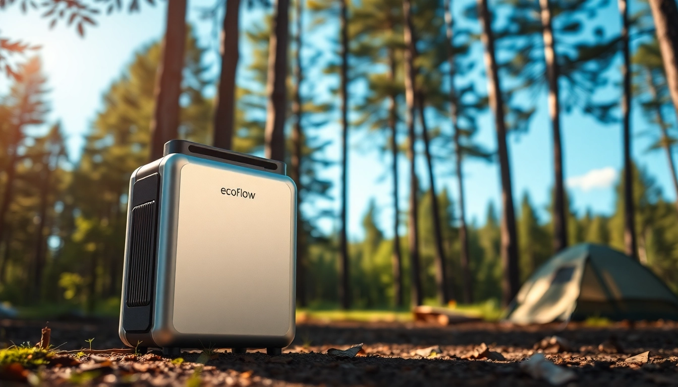 EcoFlow portable power station showcased in a peaceful outdoor camping setup.