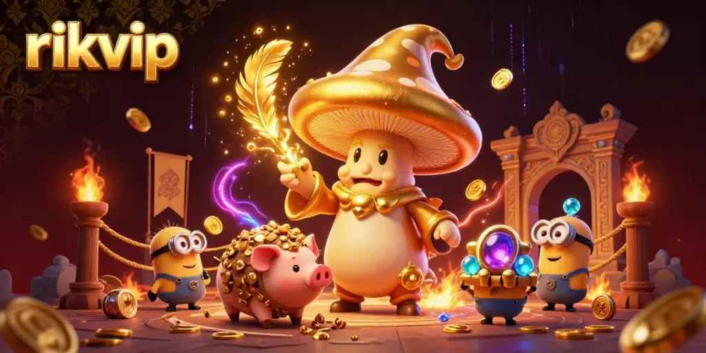 Experience thrilling gameplay at rikvip with a magical mushroom wizard and treasures in a vibrant casino scene.
