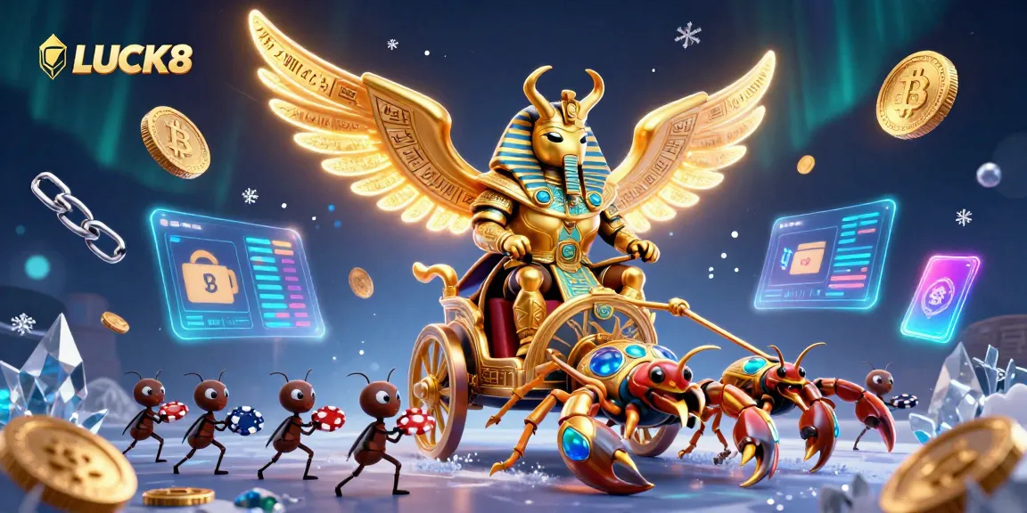 LUCK8 players immerse in vibrant casino action with a colossal golden scarab and scorpions.