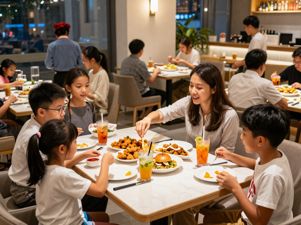 Family enjoying delicious meals at ROKOK88 restaurant with cozy atmosphere.