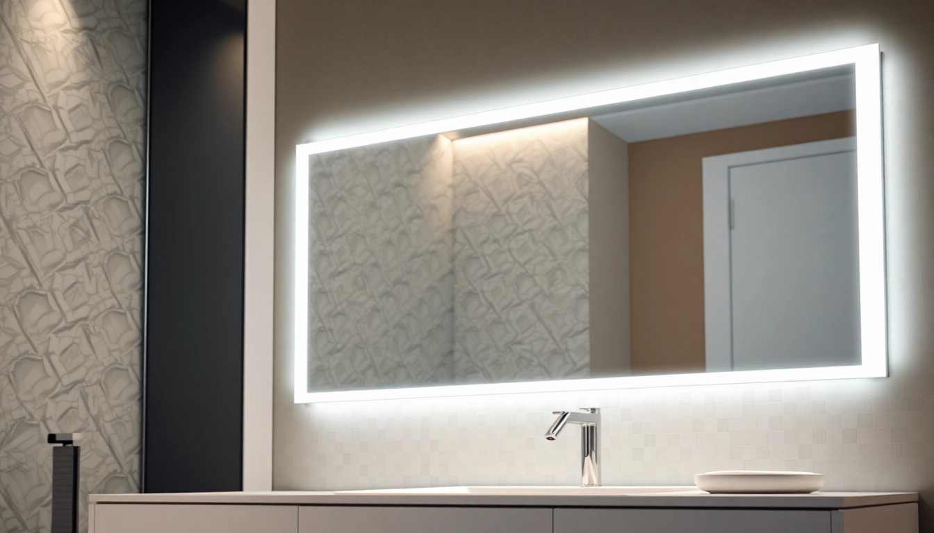 Beauty of an elegant led mirror in a modern bathroom, illuminated by soft ambient light.
