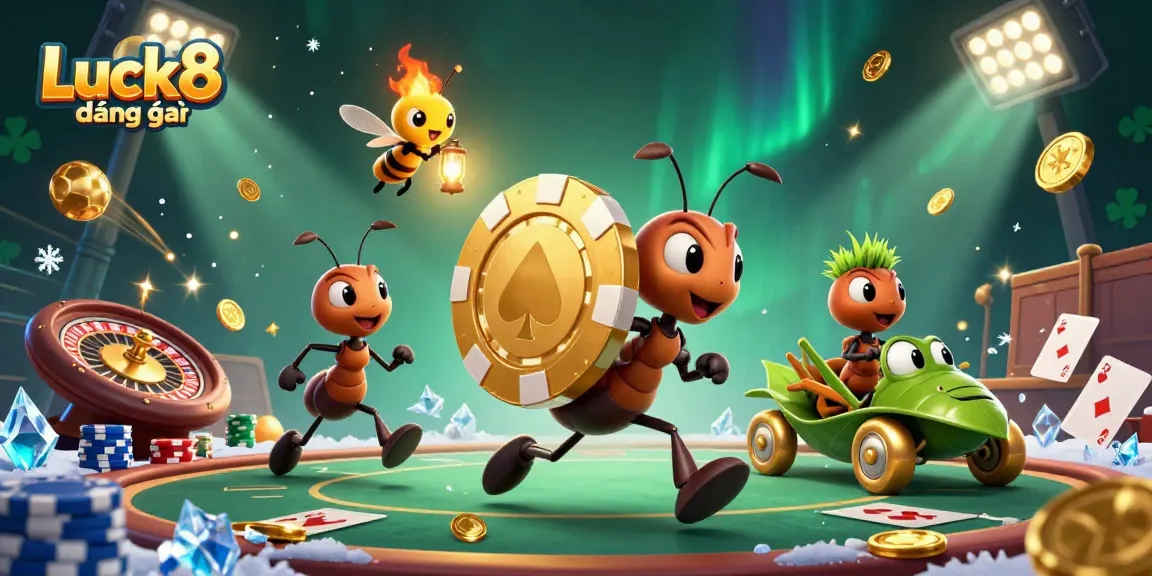 Experience Luck8 đăng nhập with a dynamic scene featuring cartoon ants carrying a golden poker chip amidst vibrant gaming elements.