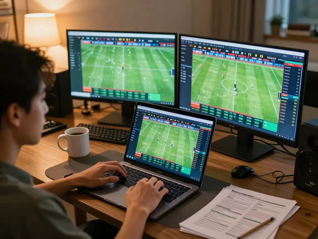 Engaged player analyzing keo nha cai 5 sports odds on a laptop in a cozy home setting