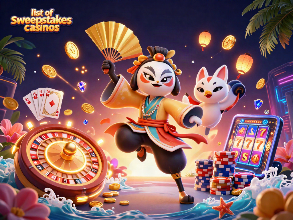 Engage with the vibrant list of sweepstakes casinos showcasing a kabuki warrior and casino elements.