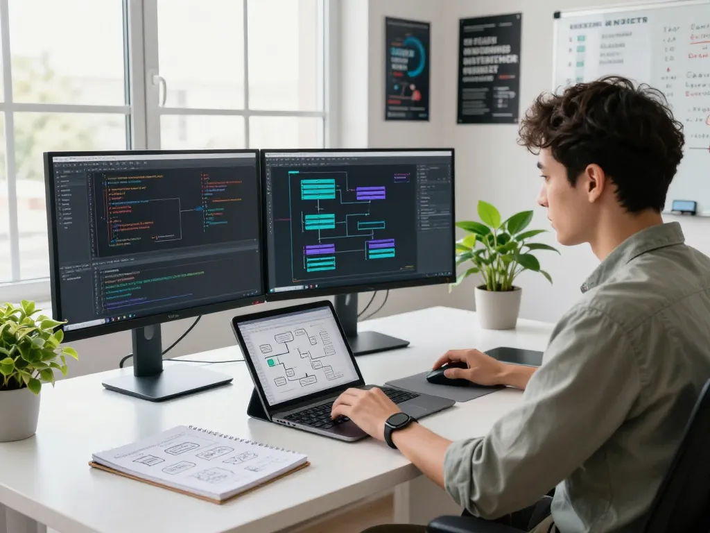 AI development workspace featuring software architect coding with dual monitors, showcasing automated workflows and productivity.