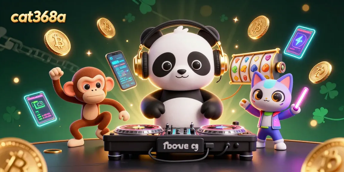 Experience the lively atmosphere of cat368a with a DJ panda, breakdancing monkey, and rave kitten in a vibrant casino scene.