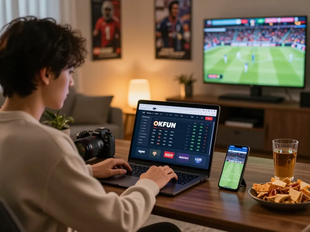 Engaged user placing bets on the OKFUN online gaming platform in a cozy room.