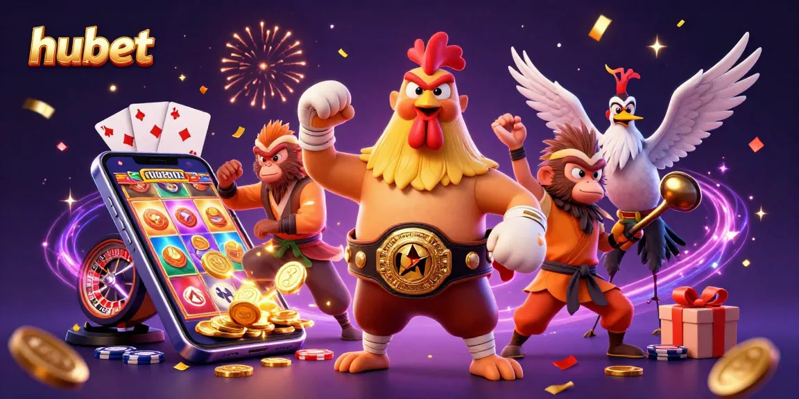 Engage with hubet's dynamic slot games, featuring adventurous characters and exciting casino elements.