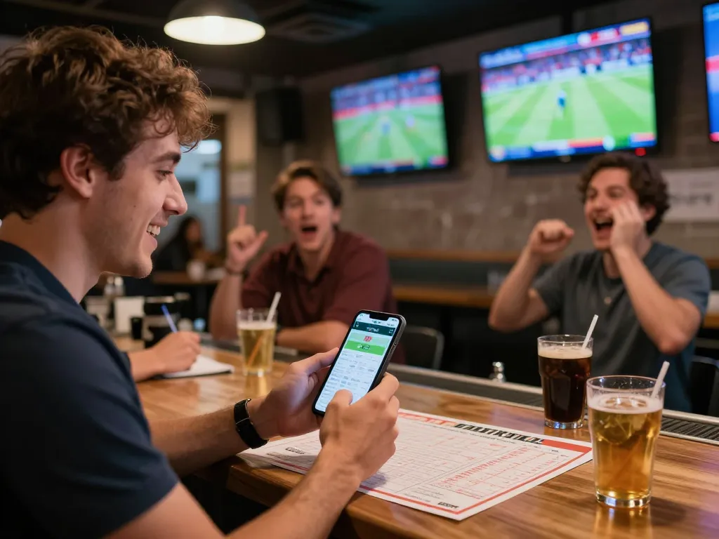 Terlibat dalam taruhan olahraga Judi Bola di smartphone sambil menonton pertandingan langsung.