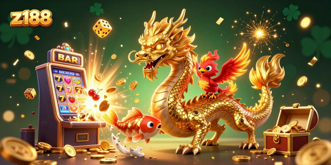 Experience exciting casino action with z188's lively dragon, phoenix, and koi scene filled with jackpots.