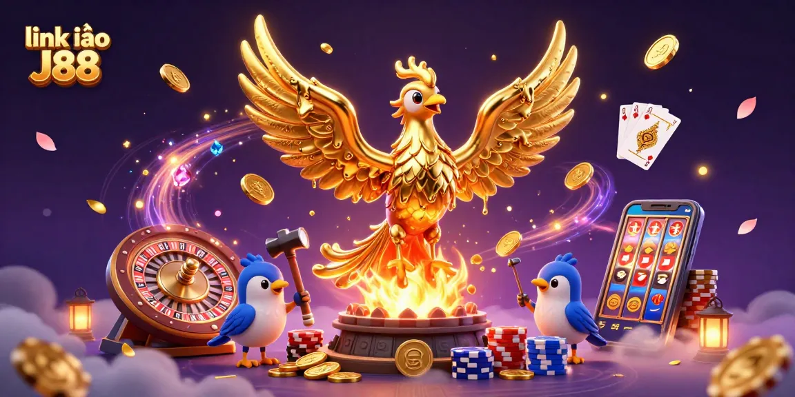 Experience the thrill of gaming with link vào J88 on a vibrant 3D casino illustration featuring a golden phoenix and dynamic game elements.