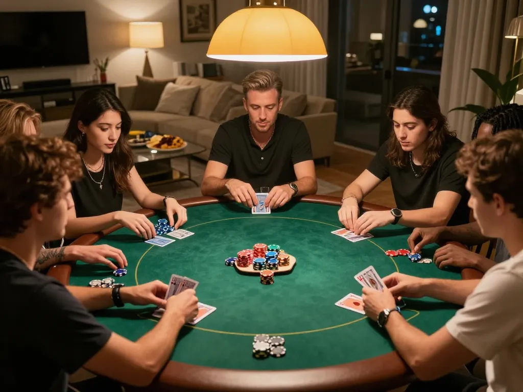 Engaged players enjoying a strategic poker night at FC88, surrounded by chips and drinks.