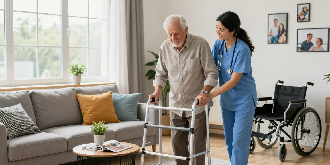Buying nobility aids: elderly man with walker assisted by caregiver in a bright home setting