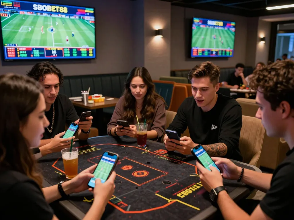 SBOBET88 betting experience with friends in a vibrant lounge cheering for sports.