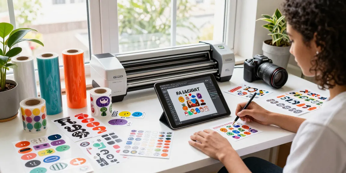 Custom stickers displayed in a creative workspace with vibrant designs.