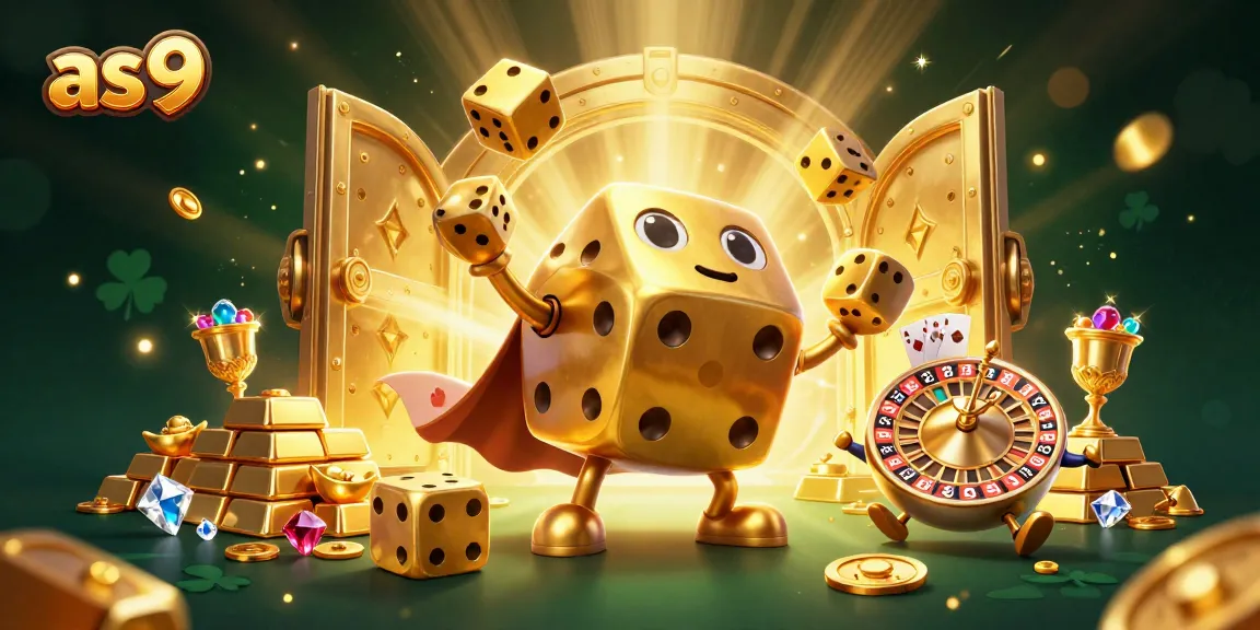 Experience as9's excitement with a golden dice golem juggling luck at a grand casino.
