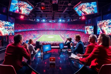 Engaging scene of Sports Broadcasting with hosts, monitors, and cheering fans in vibrant studio.