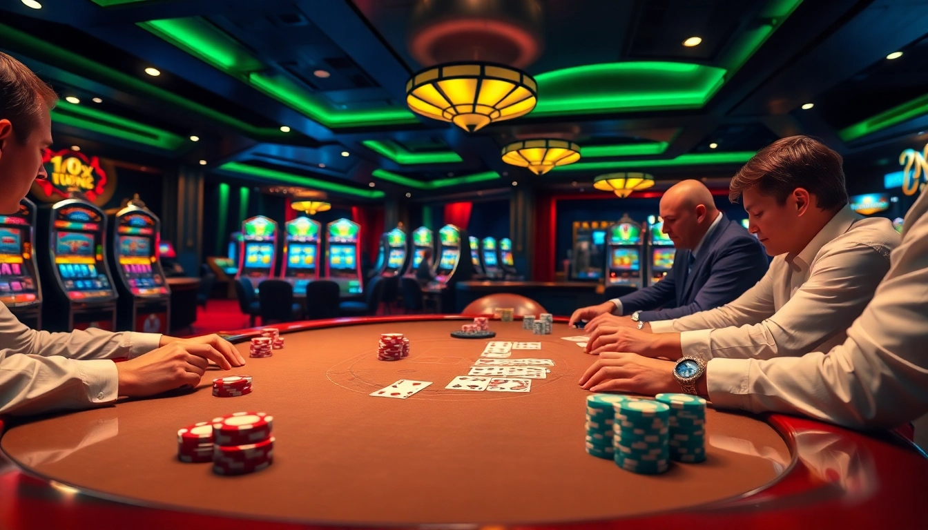 Engaging poker players in a luxurious casino, showcasing https://78winn.co/ gaming thrill.