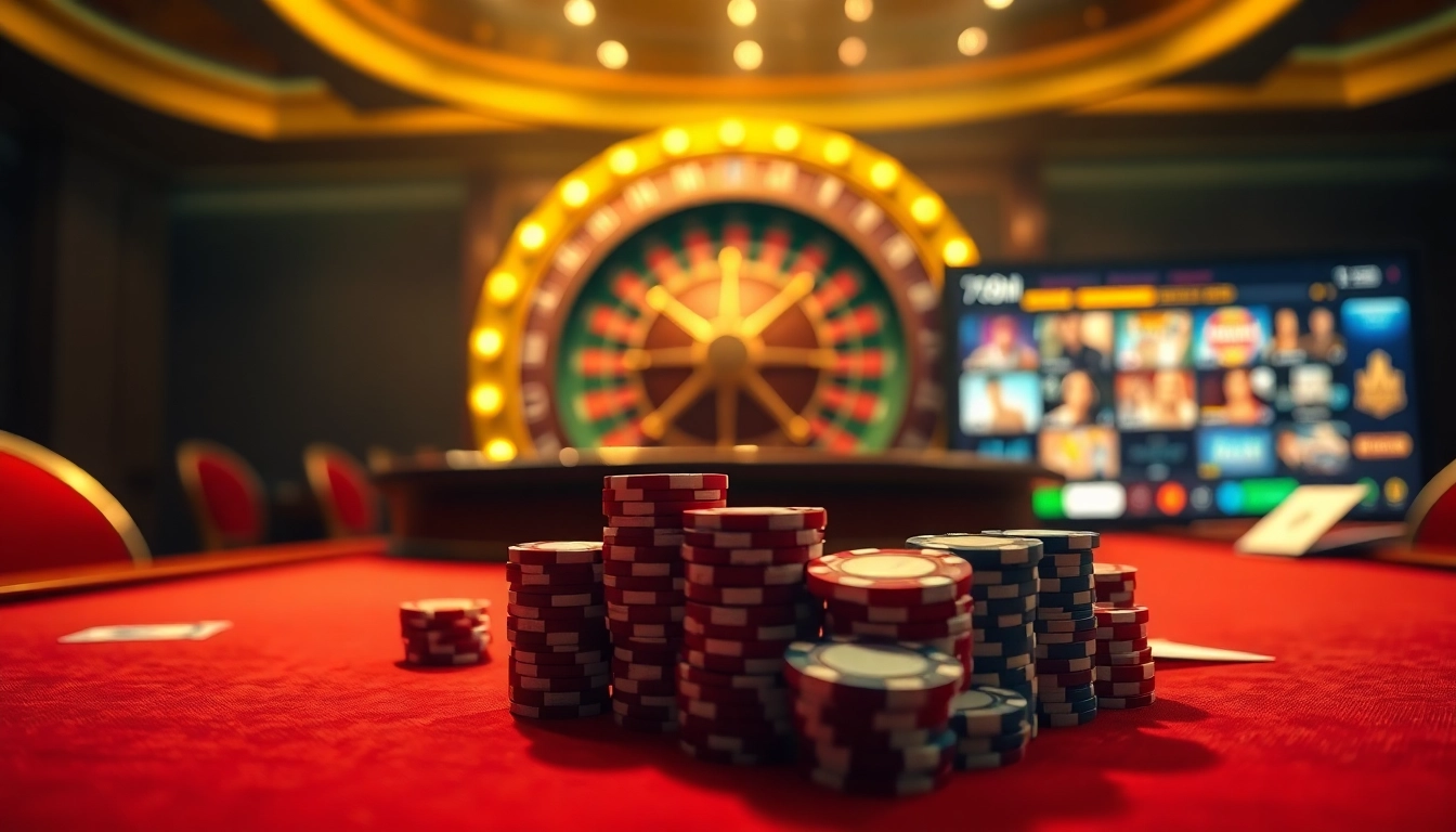 Engaging scene of a vibrant casino table highlighting online gambling, featuring trang chu 789win elements and luxurious atmosphere.