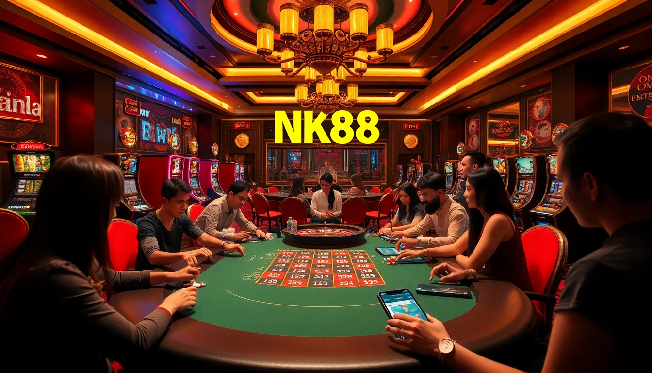 NK88 players enjoy an engaging poker game in a luxurious casino setting with vibrant slot machines.