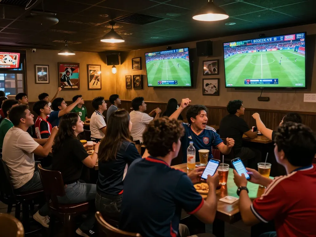 SOCOLIVE users cheering for their teams while placing bets during a live soccer match in a vibrant sports bar.