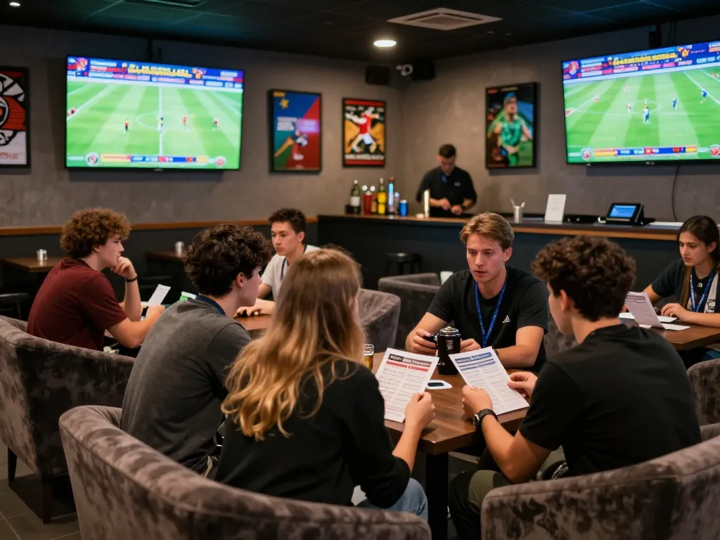 Engaged bettors examining kèo nhà cái odds during a lively sports betting session in a vibrant lounge.