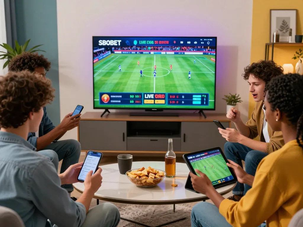 SBOBET online sports betting scene with friends excitedly placing bets and analyzing odds in a lively living room.