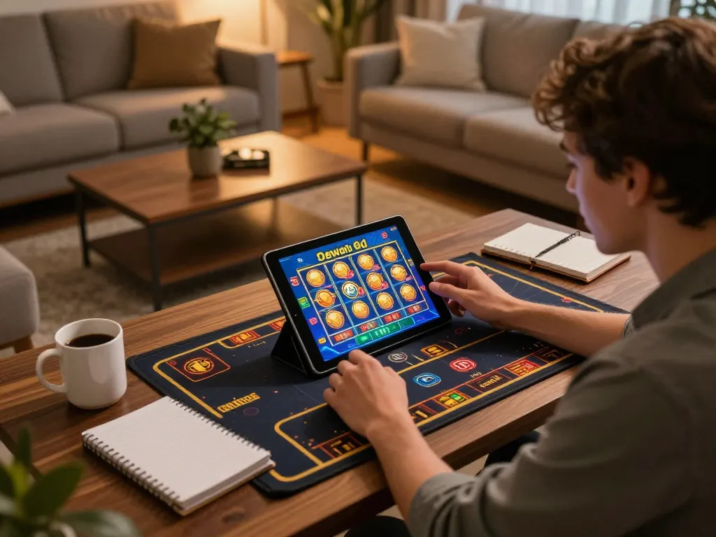Engaging online gaming moment showcasing dewa6d slots on tablet while analyzing betting strategies