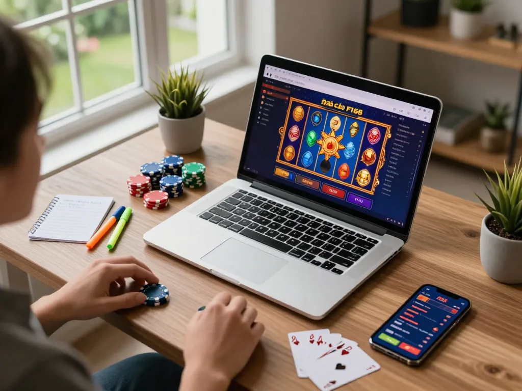 Exciting online gaming session featuring nhà cái F168 platform on laptop with vibrant slots and poker setup