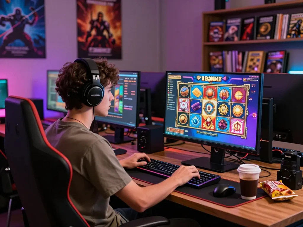 Engaged player enjoying betflik online slots in a vibrant gaming setup, featuring colorful interfaces and engaging atmosphere.