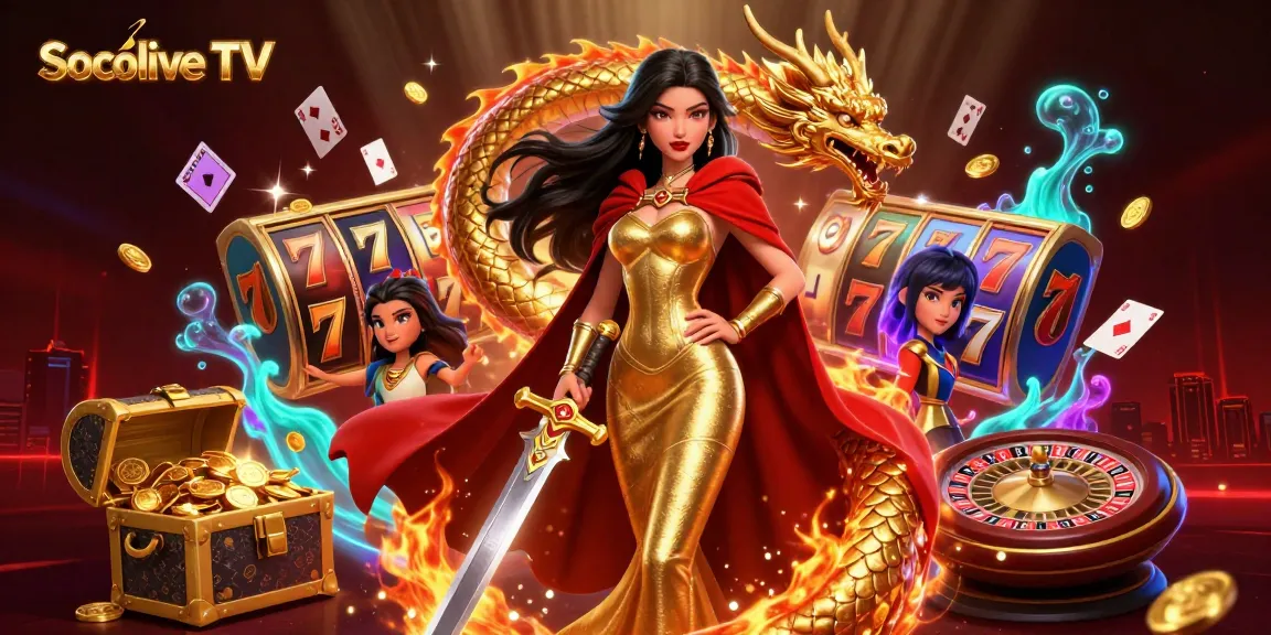 Socolive TV enhances the excitement of the casino scene with slot reels and lively characters.