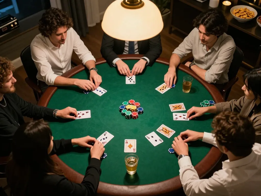 Players engaging in competitive poker game at home scene, featuring lc88-themed atmosphere and elegant table setup.