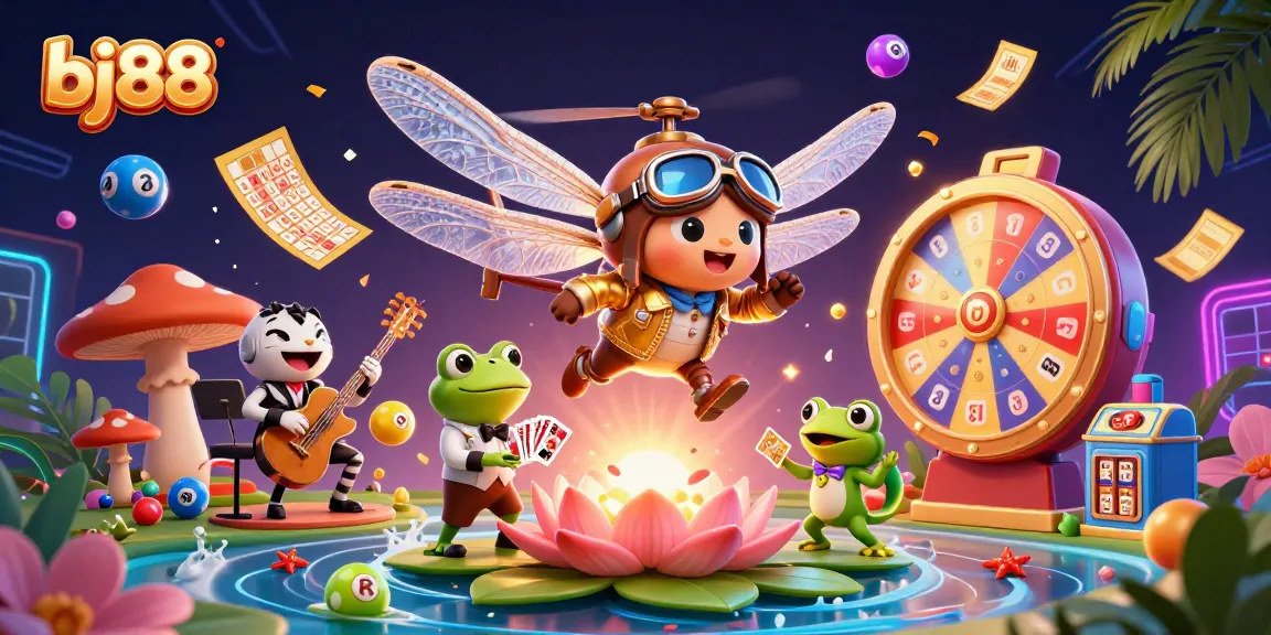 Play exciting games at bj88, featuring a lively scene with a dragonfly pilot and frog croupier.