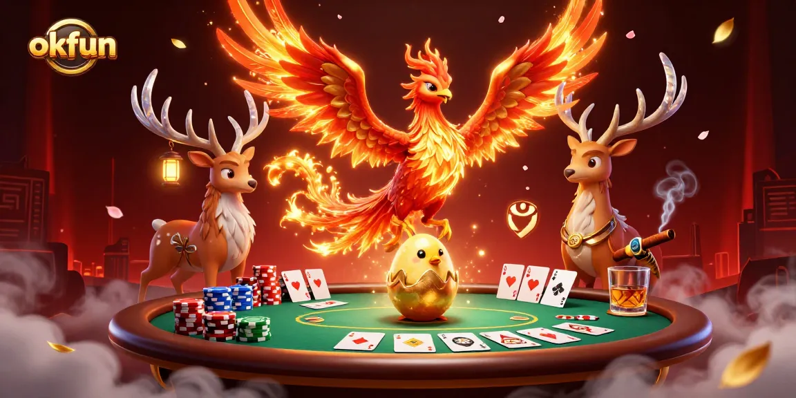 Experience high-stakes poker action with okfun's thrilling casino illustration featuring majestic creatures.