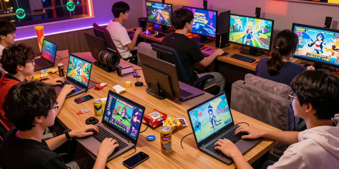 A lively gaming lounge filled with players enjoying hentaigames on various devices, surrounded by colorful game art and LED lights