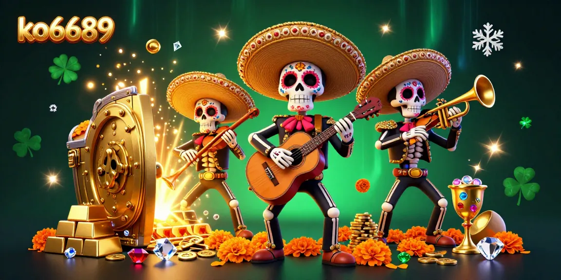 Win big at ko6689 with a vibrant scene featuring a mariachi band, gold treasures, and festive elements.