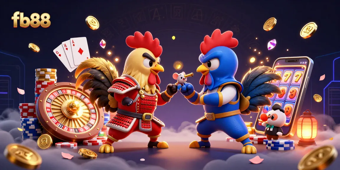 fb88 showcases a dramatic showdown of cartoon roosters amidst casino elements in an engaging 3D illustration.