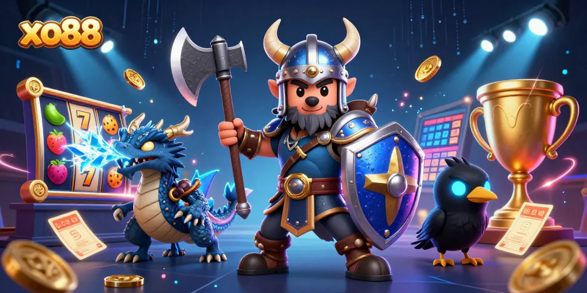 Bet on xo88 with fierce characters and thrilling slot reels in an exciting casino scene.