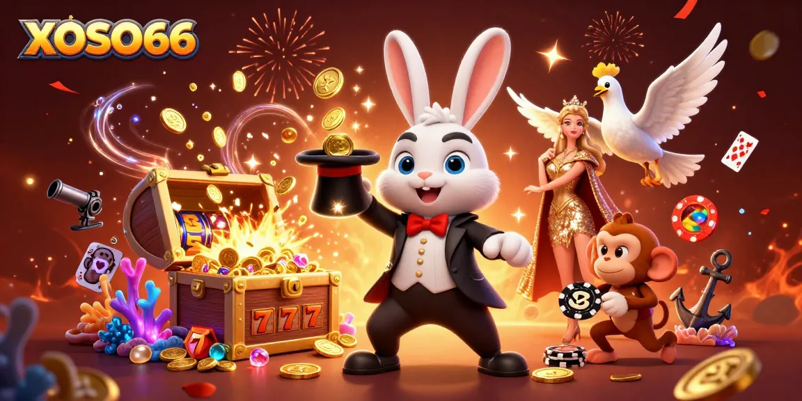 XOSO66 brings excitement with a rabbit magician, dove assistant, and monkey, amid vibrant slot symbols.